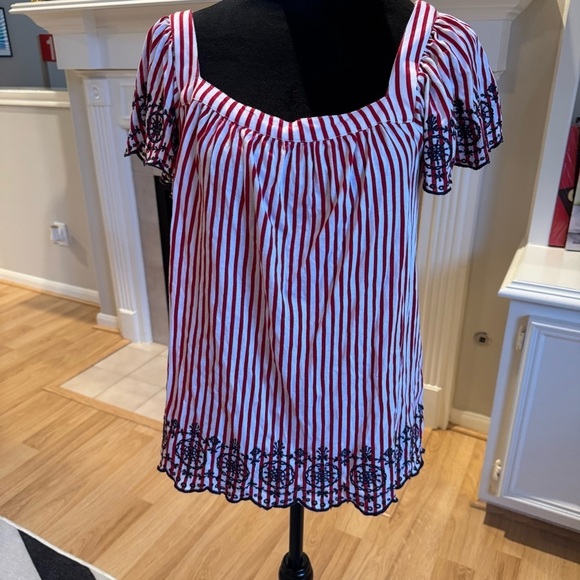 CHARTER CLUB Picnic Escape Red Barn Nautical Patriotic Summer Square Neck Top - Picture 2 of 8